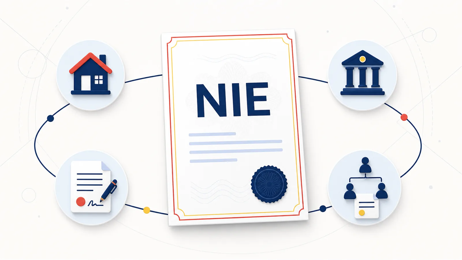 The Spanish NIE certificate surrounded by the things it unlocks: property, banking, contracts, inheritance